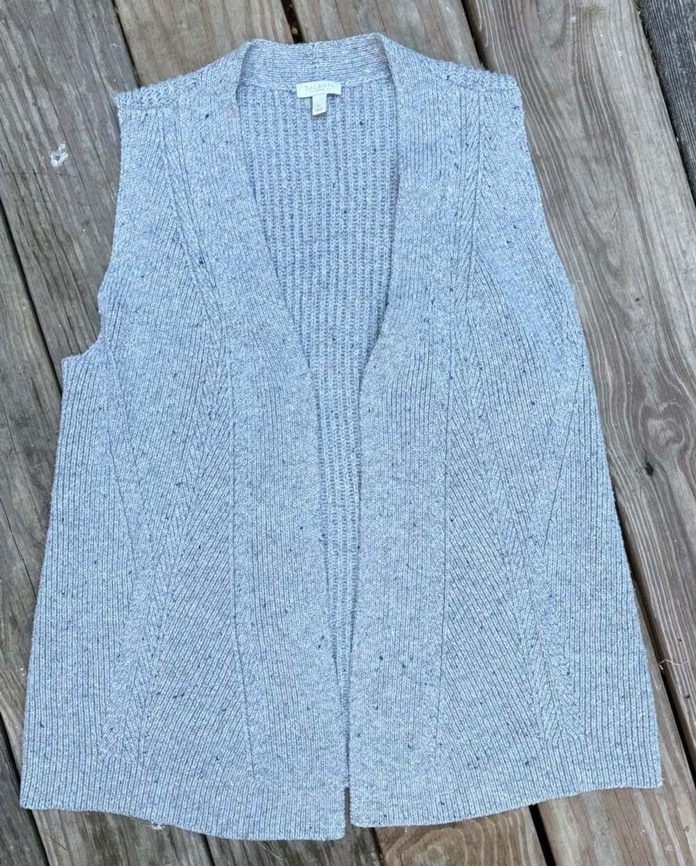 Talbots Waterfall Cardigan Size SP Gray Speckled Open Front Sweater Vest